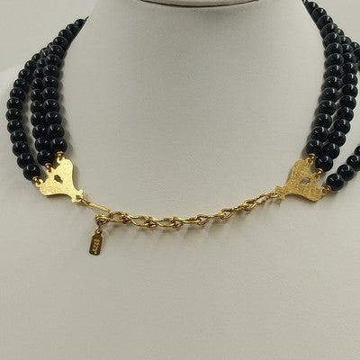 1928 Brand Three Strand Round Black Beads w Gold Tone Enamel Necklace Jewelry