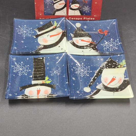 4 Snow Pals Glass Canape Plates Snowman Scenes 5.75" Sq Certified International
