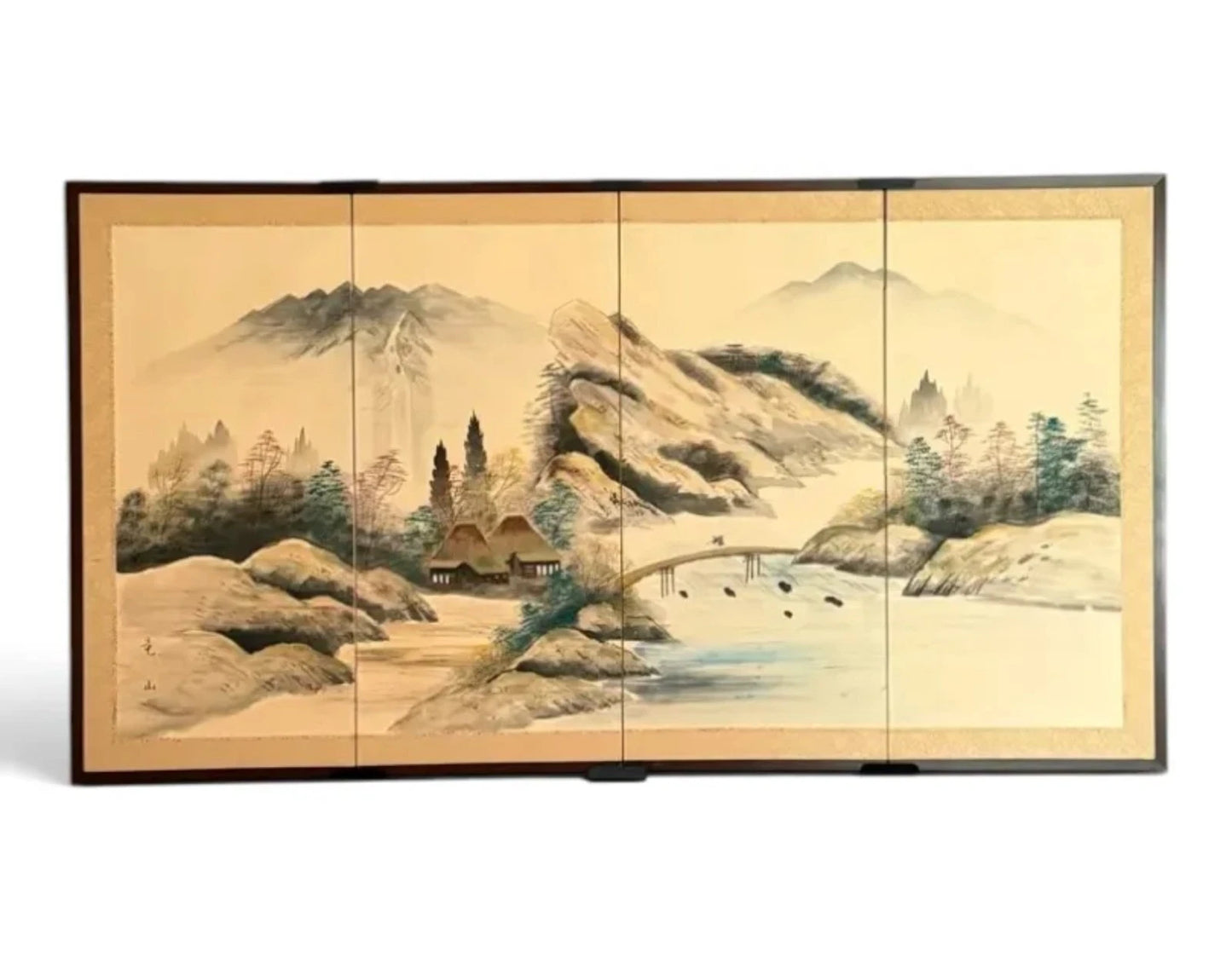 Toyo Japan Byobu 4 Panel Sansuiga Landscape Brass Trim Wall Screen 66x36 Hangers