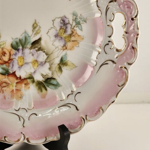 Bavarian 11" Pink White Serving Plate Handle Floral Embossed Scalloped Gold Gilt