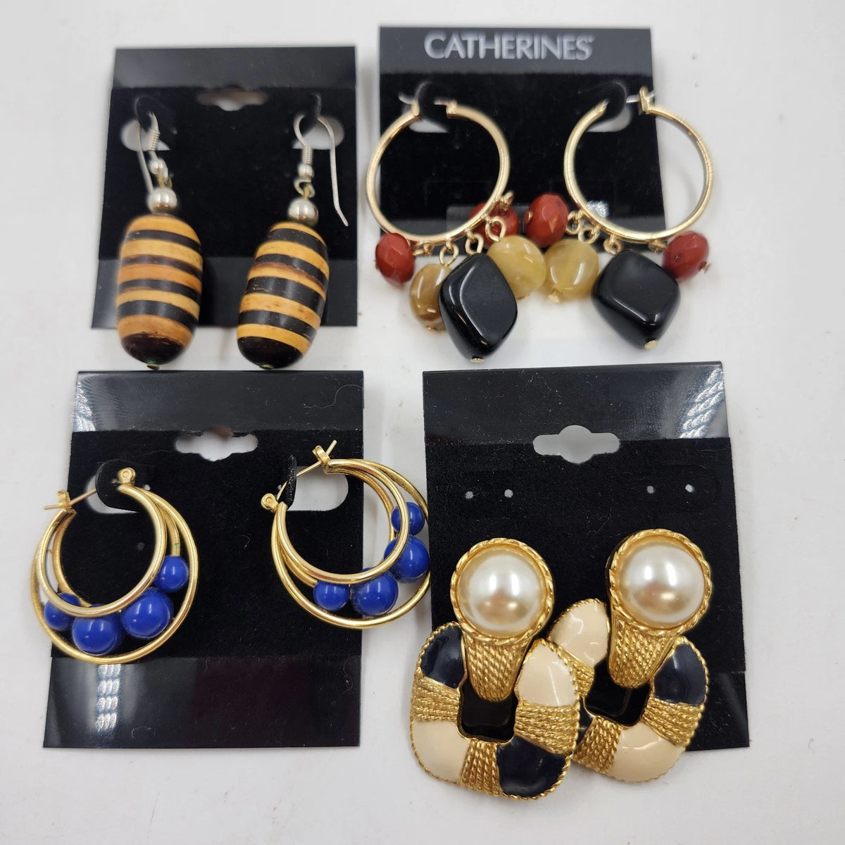 Catherines Earrings Lot 4 Pair Gold Tone Blue Black Beaded Dangle Vintage