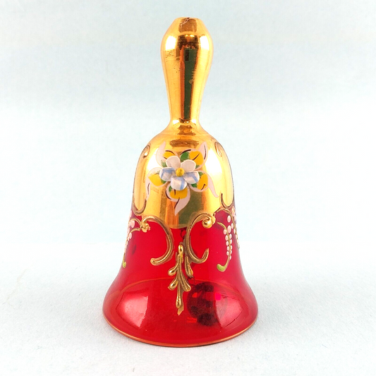 Ruby Bell Gold Gilt Italian Glass Red Murano Italy Miniature Hand Painted Flower