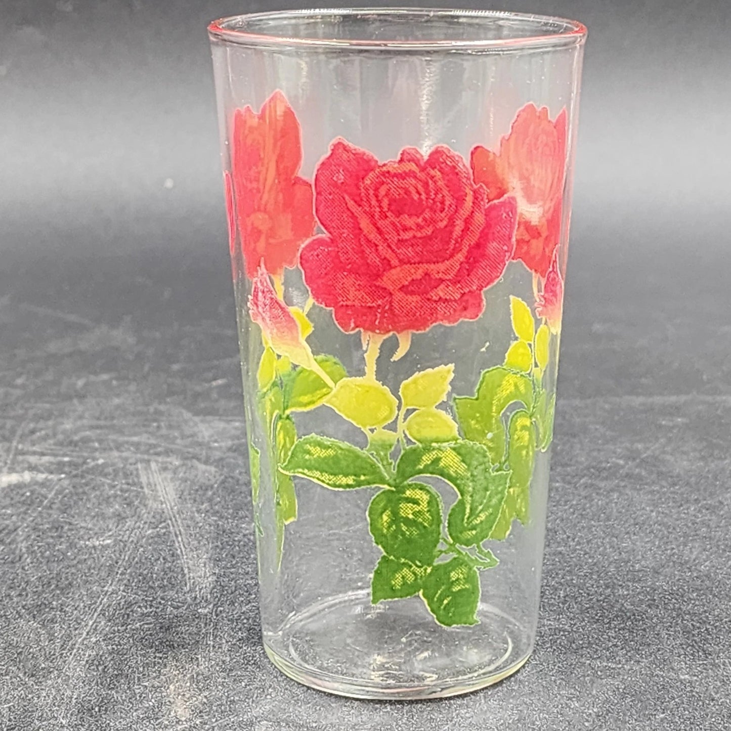 2 Stemmed Red Rose Tumbler Glasses w Green and Yellow Leaves 8 oz Vintage Rare