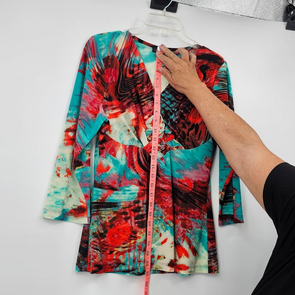 Y2K Mesmerize Retro Blouse Women’s L Multicolor Funky Print V-Neck Festival Top