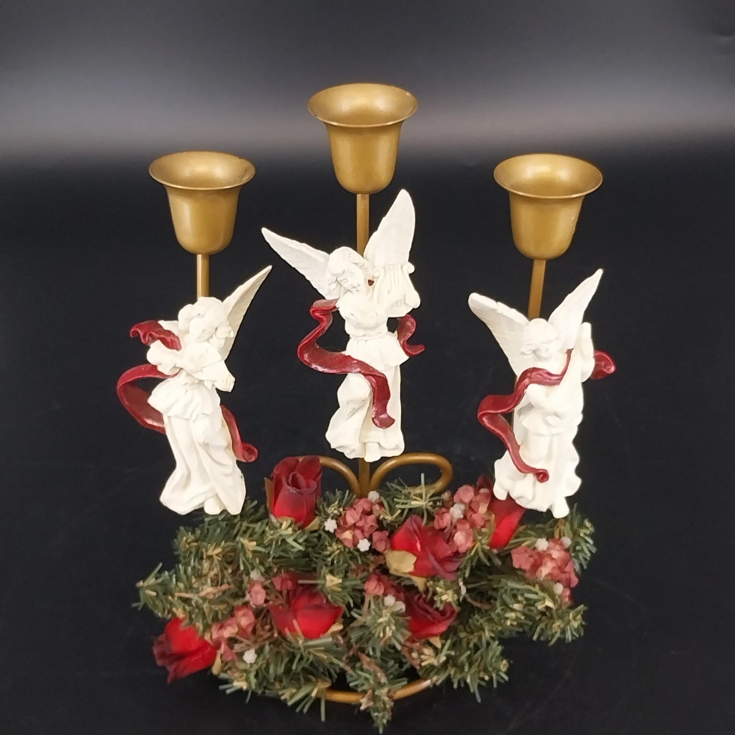 Angel Trio 3-Candle Holder Burgundy Floral Wreath Christmas Centerpiece 9"