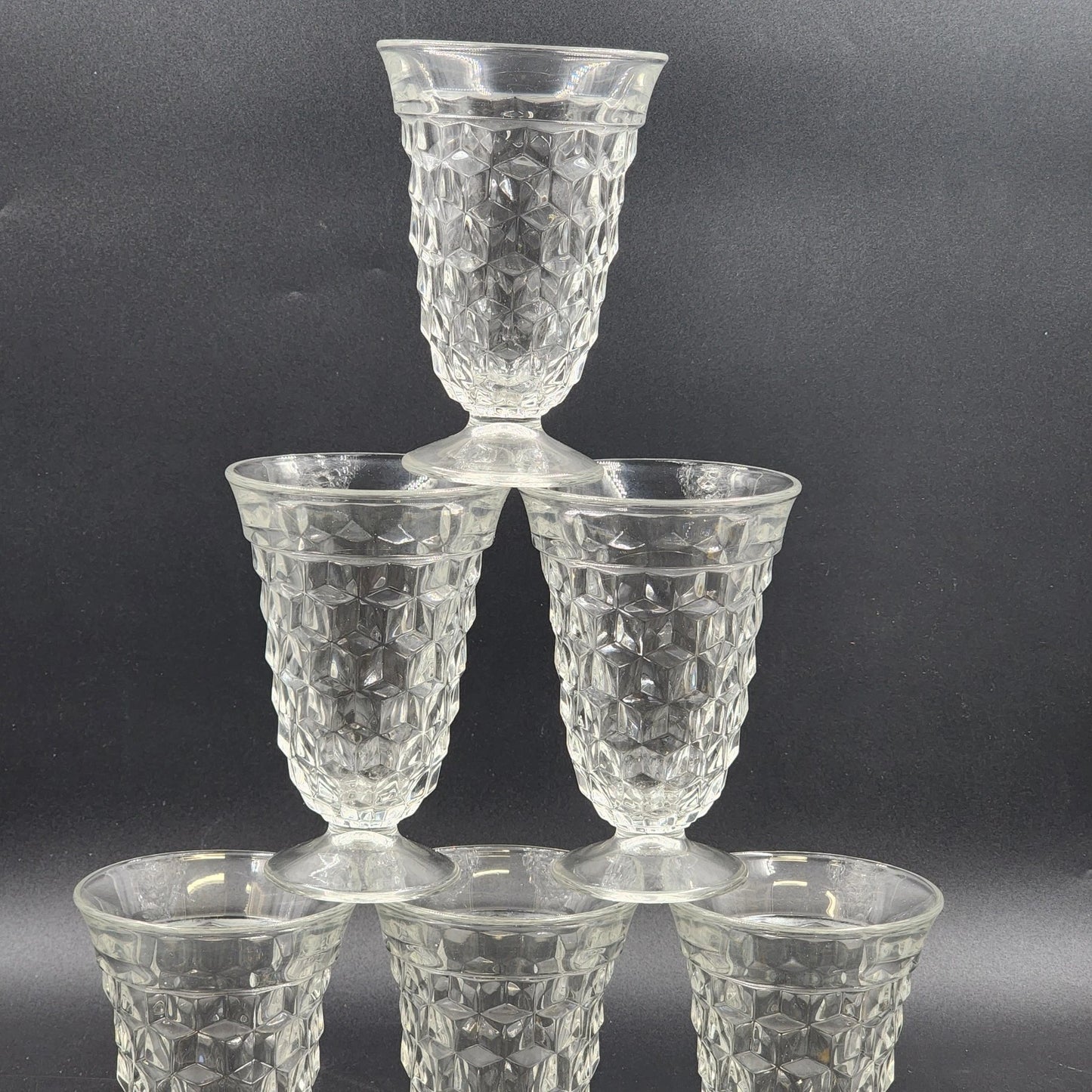6 Fostoria American Clear Ice Tea Glasses Cubist Design Footed Pedestal Vintage