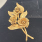 Textured Gold Tone Triple Rose Brooch with Leaves Costume Jewelry 2.5" Long Vtg