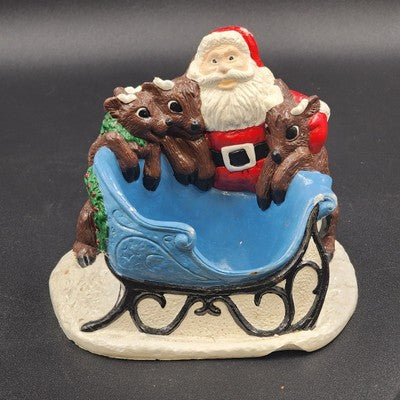 Ceramic Santa Claus & 3 Reindeer with Blue Sleigh Candy Dish Decor