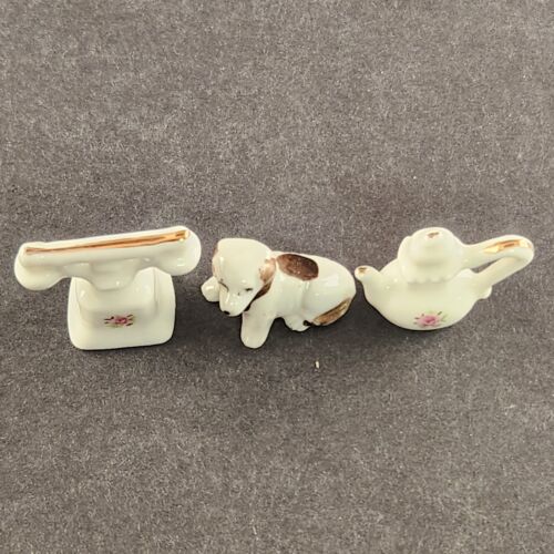 Set 3 Piece Vintage Miniature Porcelain Japan Telephone Teapot Dog Shadow Box