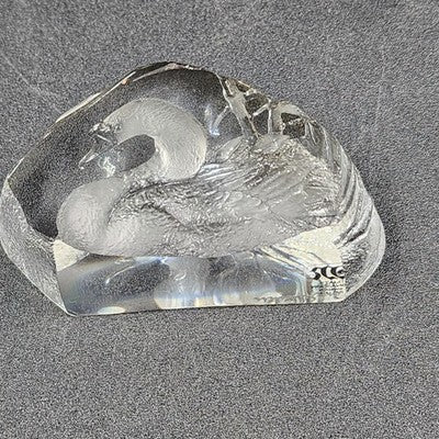 Etched Swan Paperweight Lead Crystal Glass Mats Jonasson Sweden Signed