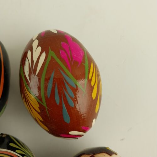 9 Brightly Decorated Easter Eggs Wood Ukrainian or Russian Plastic Covered