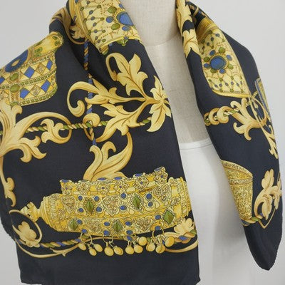 Carlotta Roma Silk Scarf 34" Square Neck Warmer Baroque Black Gold Made in Italy