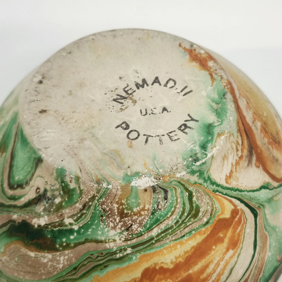 Nemadji Pottery Vase 5.5" Natural Clay Green Orange Swirl Marbled Vintage USA