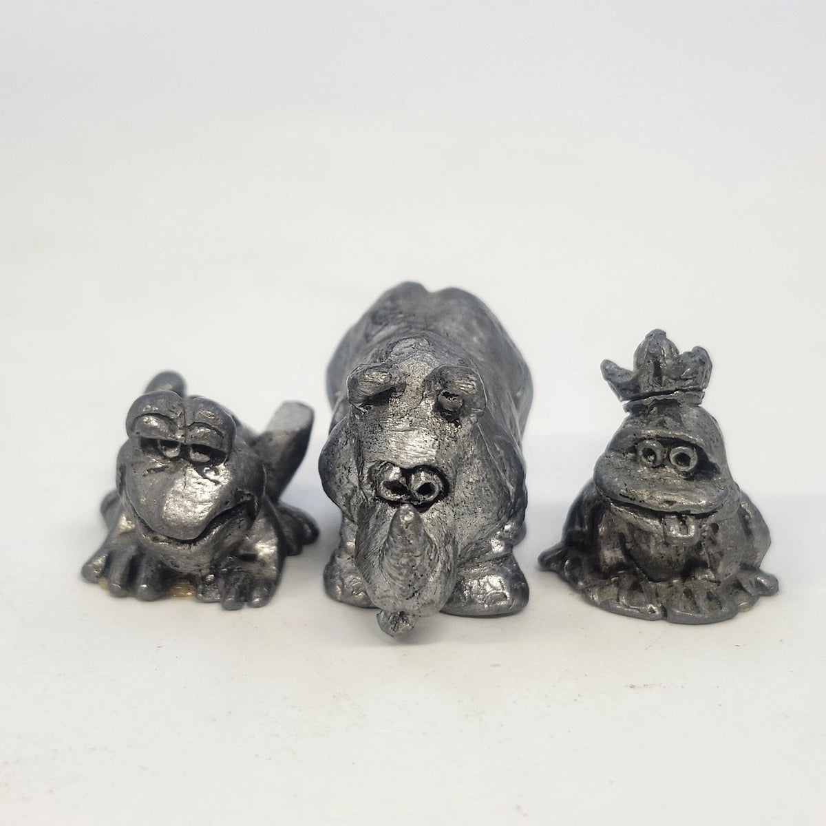 Set of 3 vintage pewter animal figurines with frog prince, toad, and rhinoceros