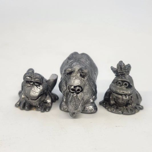 Pewter Animal Figurine Lot 3 Frog Prince Toad Rhinoceros Vintage Cartoon Style