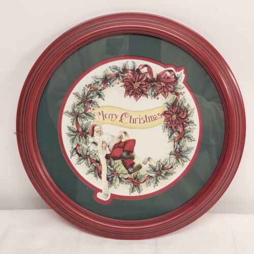 Merry Christmas Round Print Red Framed Green Matted 1994 Home Interiors 12" Vtg