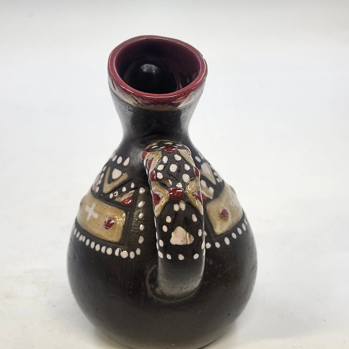 Ukrainian Art Pottery Pitcher Black Red Tan Raised Geometric Elongated Spout Vtg