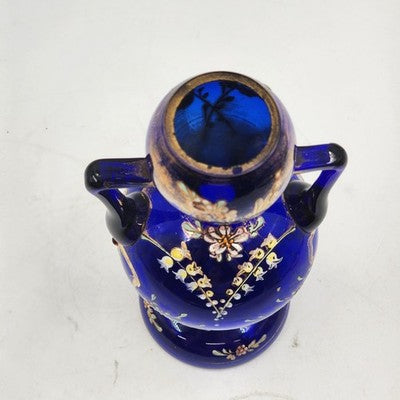 Art Nouveau Bohemian Cobalt Blue Glass Vase with Heavy Gold Gilding – 8" Tall – Dual Handles & Globe Top – Vintage European Display Piece