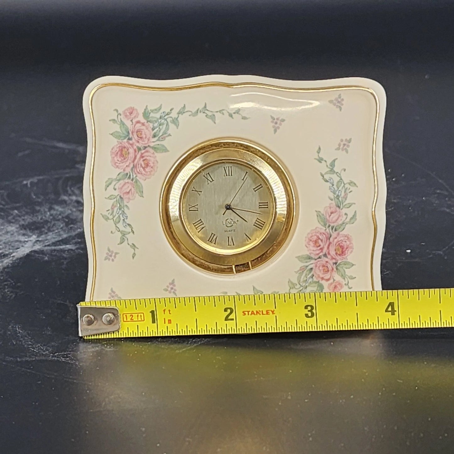 Lenox Petite Rose Porcelain Desk Clock Beige Gold Trim Roman Numeral New Battery