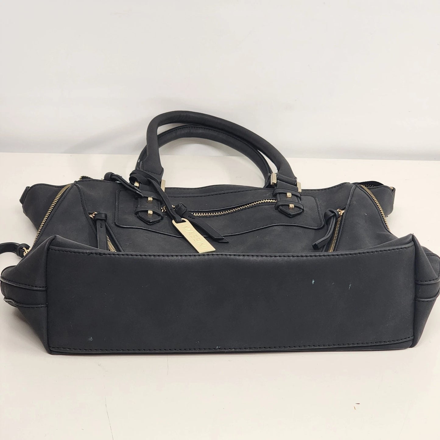 Massini Black Faux Leather Tote Handbag 16in Gold Tone Zipper
