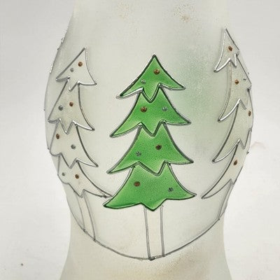 Glass Hurricane Candle Chimney 13"x6" Frosted w Hand Painted Christmas Pine Tree