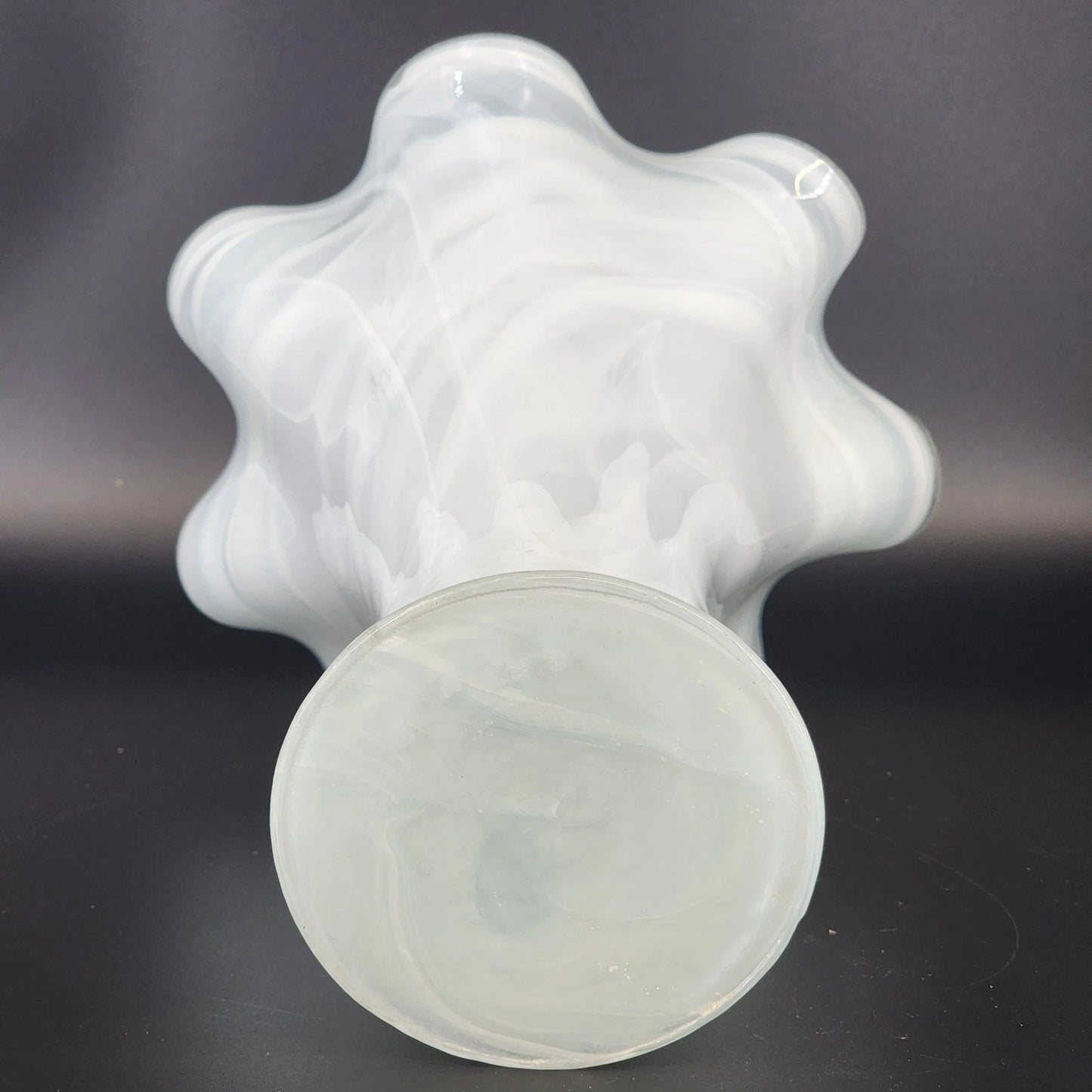 Frosted Art Glass Large Vase 11" Ruffled Scalloped Top White Swirl Hand Blown