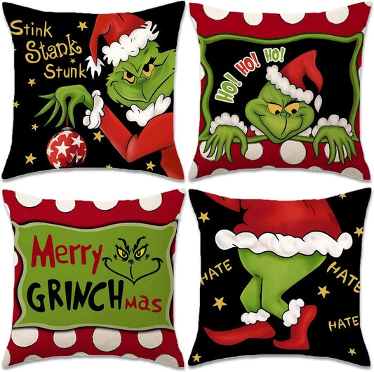 4 Throw Pillow Covers Grinch Christmas 18" Linen Decor Farmhouse Holiday