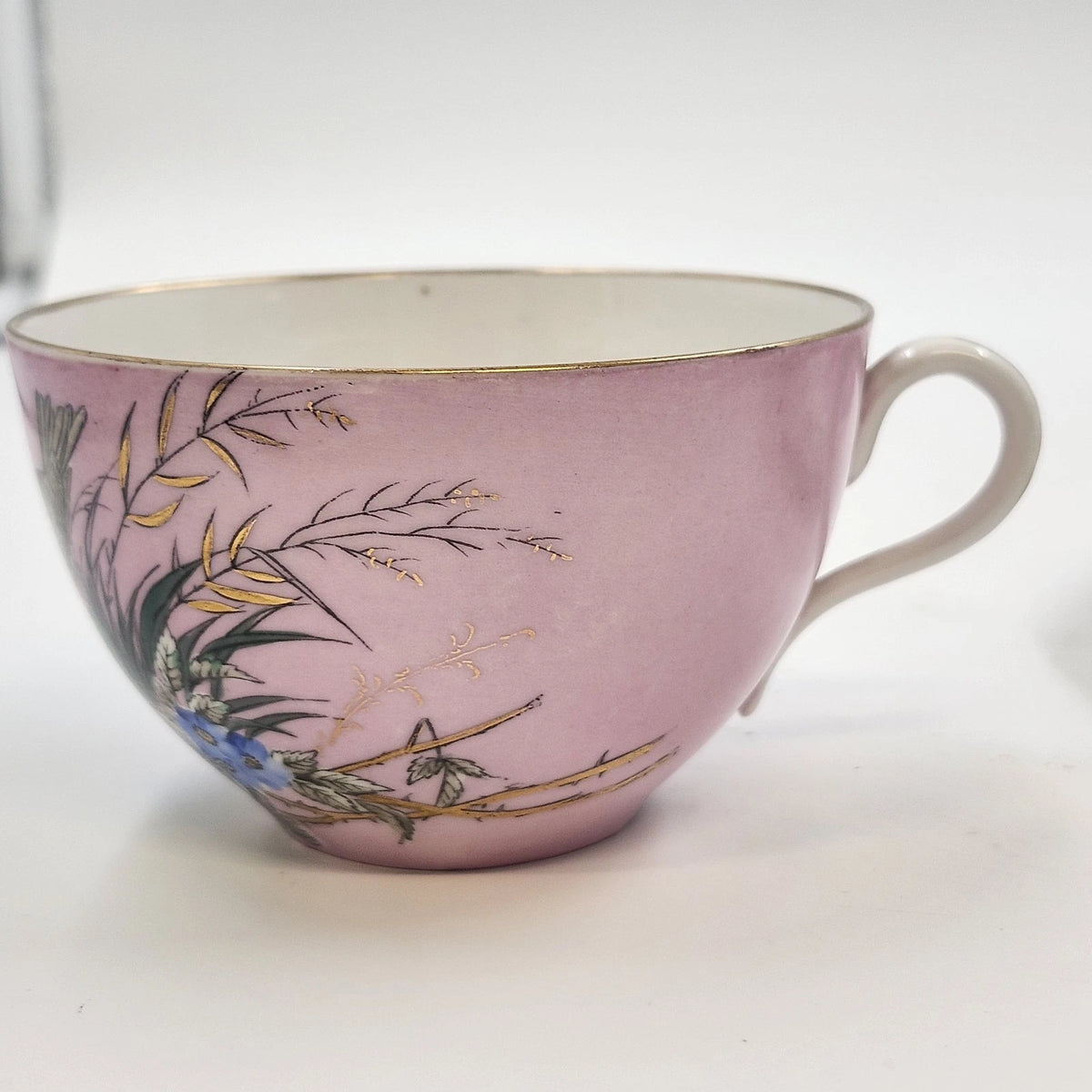 Pink Porcelain Teacup & Saucer Birds Nest Blue Flowers Gold Trim Vintage 5.5"