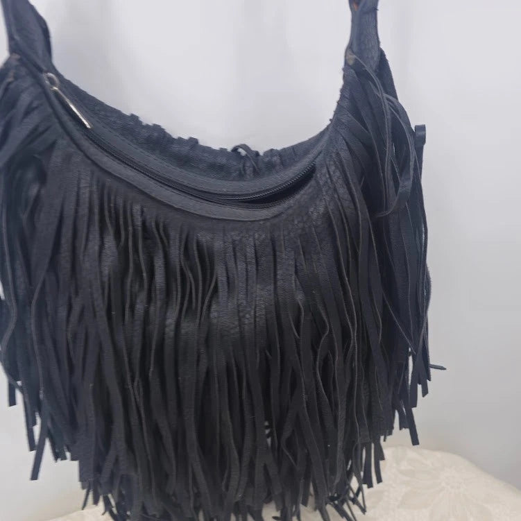 Charlie Black Faux Suede Fringe Crossbody Bag Western Boho Tassel Shoulder Purse