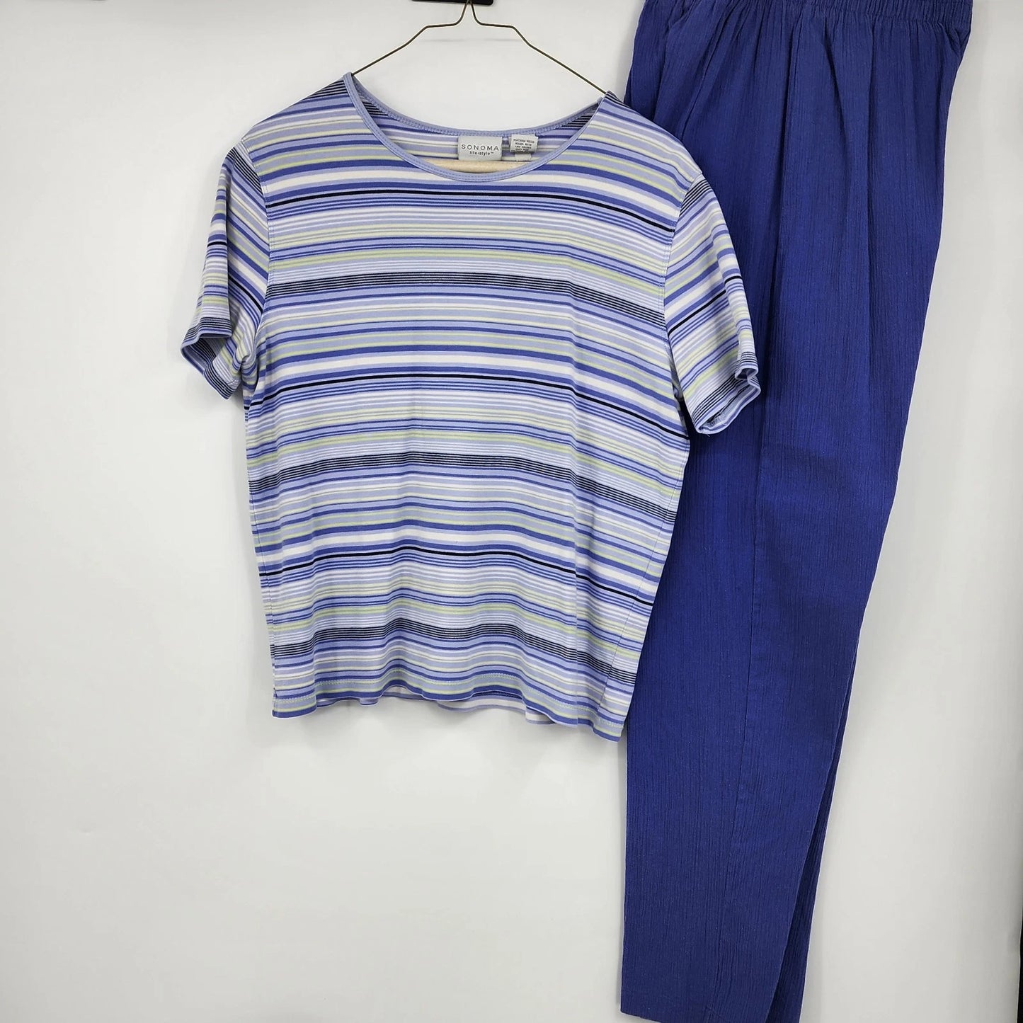 Sonoma Life Style 2 Pc Set Women's L Striped Top Blue Pants Cotton Loungewear
