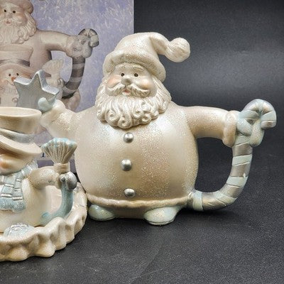 4 Piece Mini Tea Set Cracker Barrel Santa & Snowman Christmas Holiday Glitter