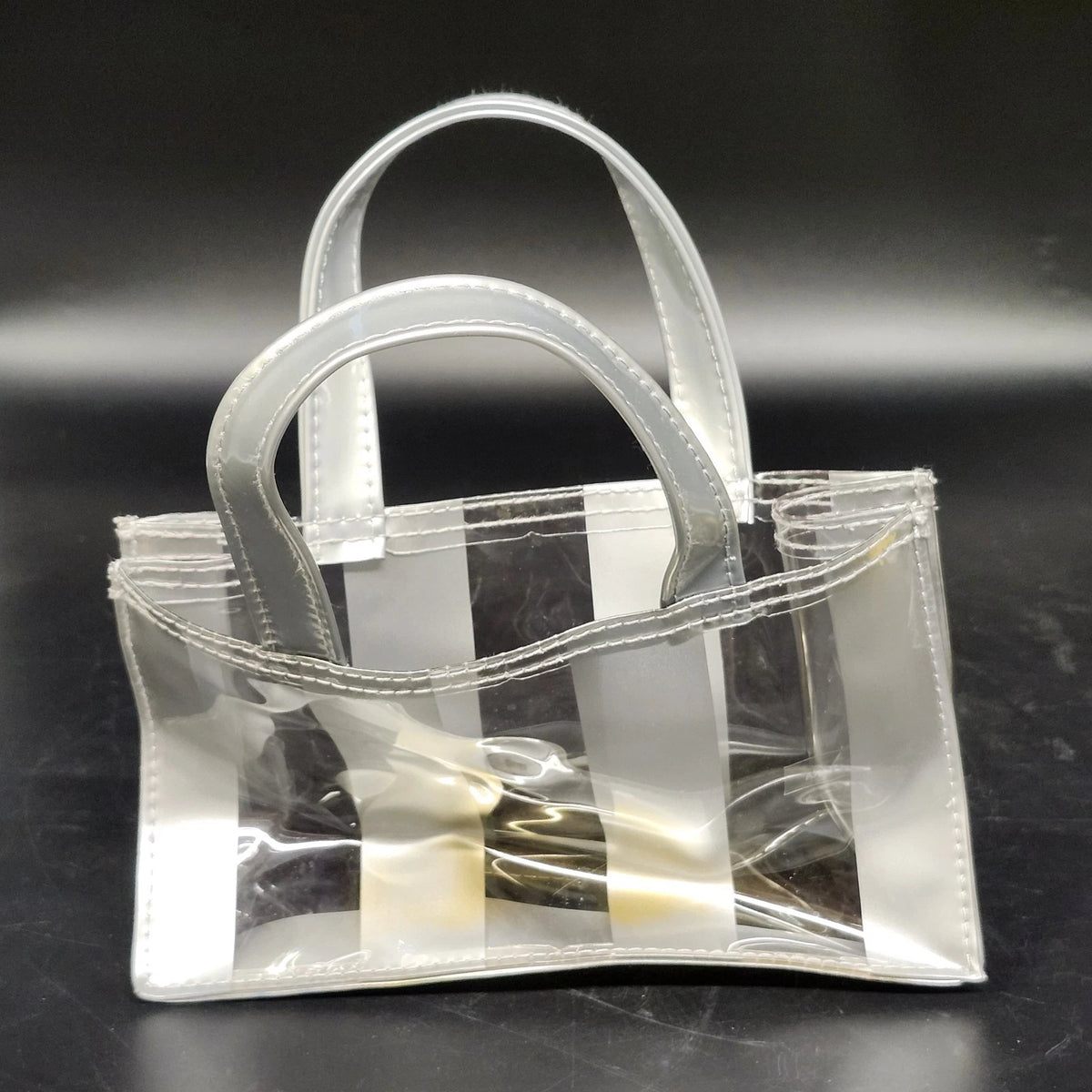 Mary Kay Clear Mini Tote Bag Silver Stripe Vinyl PVC Cosmetic Gift Bag 8"