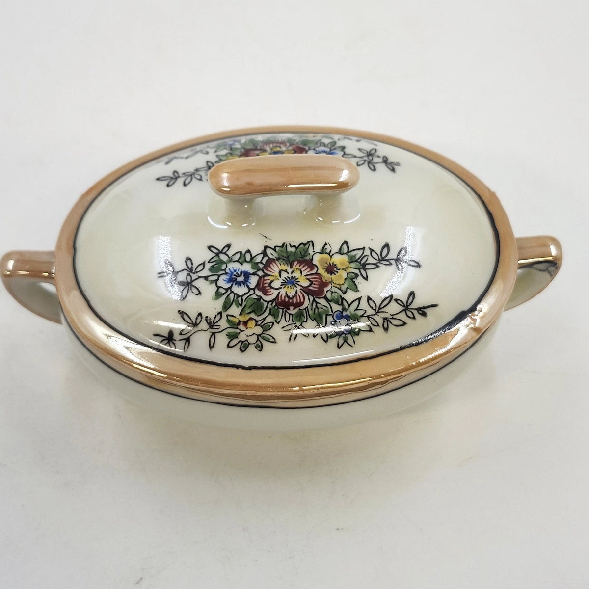 Japan Porcelain Covered Vegetable Bowl Hand Painted Floral Orange Luster 5.25"