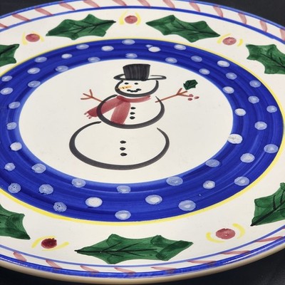 Round Serving Platter Present Tense Italy Hand Painted Snowman Christmas 14"