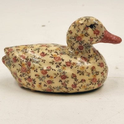 Small Duck Decoy Floral Decoupage Display Felt Base Decorative Porcelain 5” x 3"