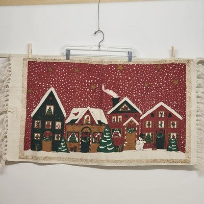 Wall Hanging Area Rug Christmas Pattern Fabric Panel Fringed Heavy Cloth 36"x20"