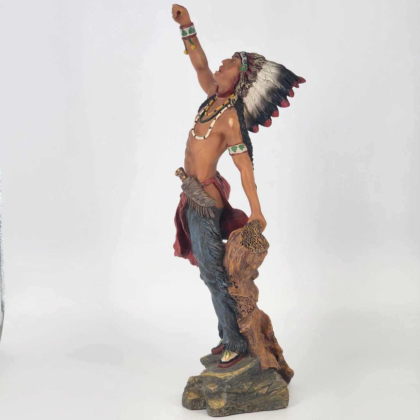 Native American Warrior Chief Statue Spear & Animal Hide Figurine Large 16.5"