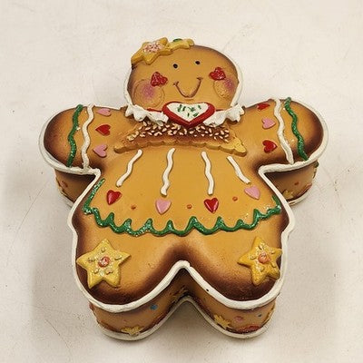 Gingerbread Person Trinket Christmas Ornament Jewelry Box 6.5" x 6" Resin 1995