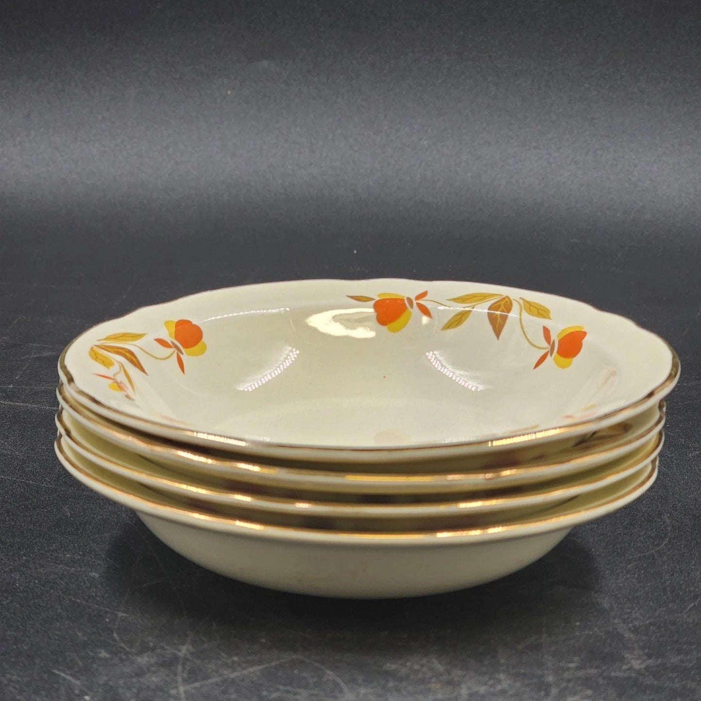 4 Autumn Leaf Rimmed Fruit Dessert Bowls 5.25" Hall's Superior for Jewel Tea MCM