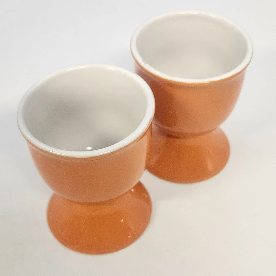 Pair Orange Ceramic Egg Cups 2" Pedestal Chalice White Interior Kitchen MCM