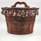 Half Bushel Wooden Sewing Basket Split Lid Heart Handle 15"x13" Floral Lined