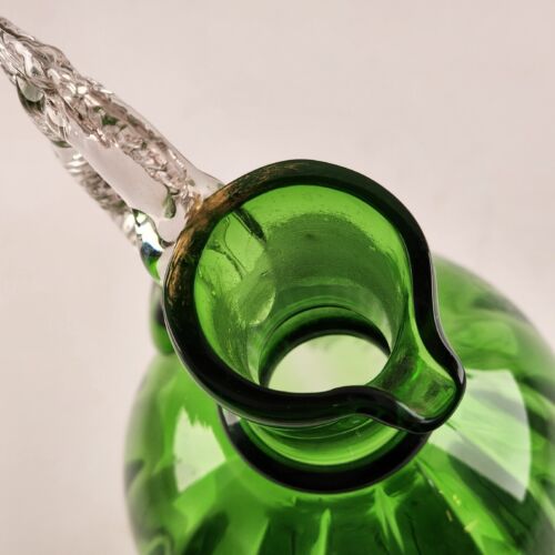 Hand Blown Green Glass Cruet 9½" Hand Painted Girl & White Foliage No Stopper