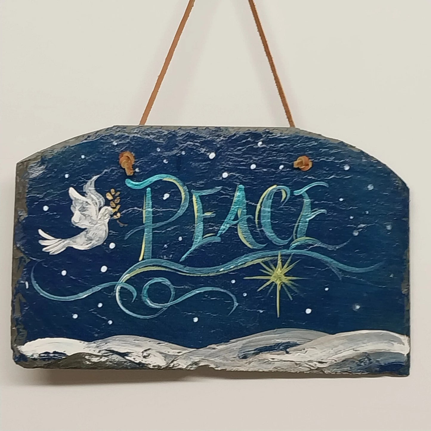 Hand Painted Slate Peace Plaque Dove Star Wall Decor 10.5" Leather Hanger