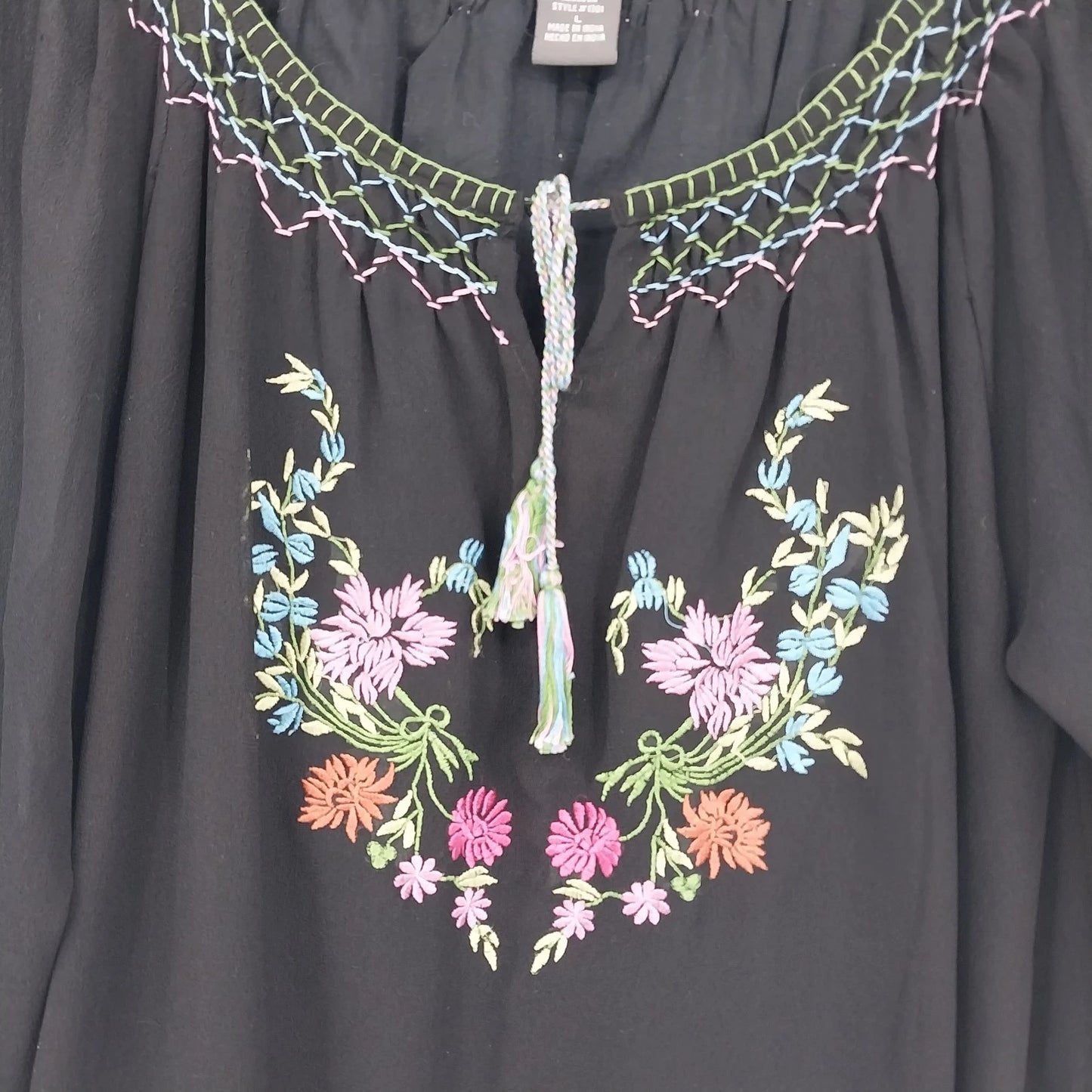 Notations Women's Embroidered Floral Peasant Blouse Tassel Long Sleeve Large