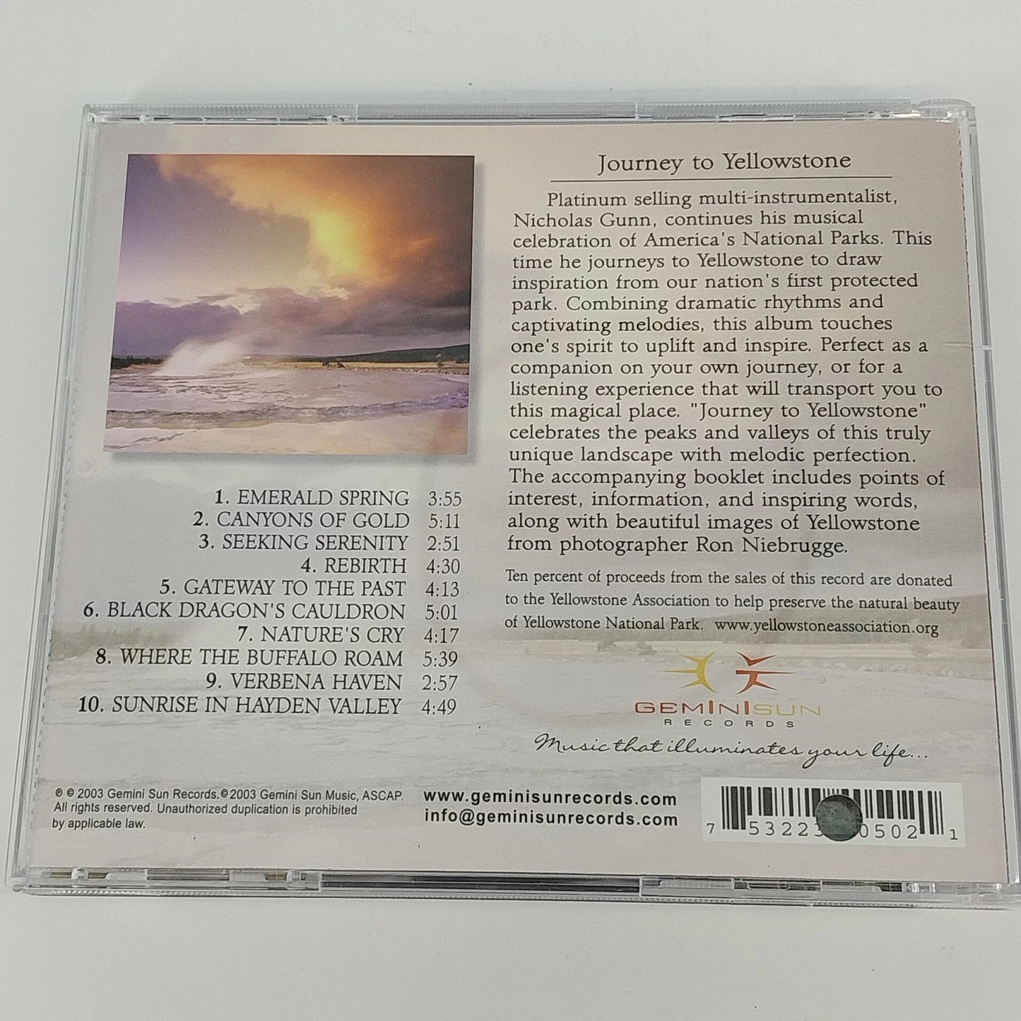 Nicholas Gunn Journey to Yellowstone CD 2003 Gemini Sun Native American New Age