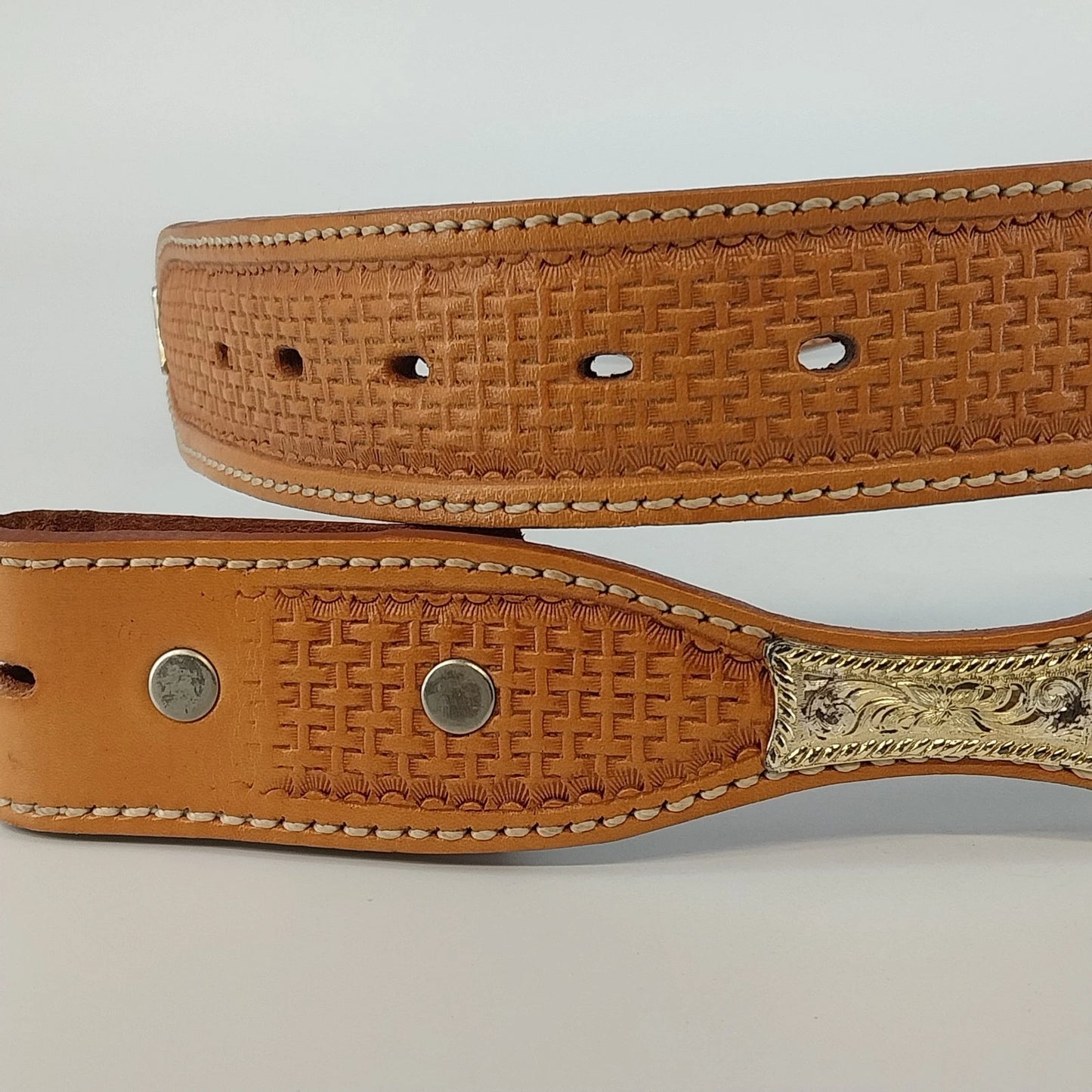 Brown Leather Basketweave Ranger Belt No Buckle 1.5" Marked 38 Vintage JJ Stamp