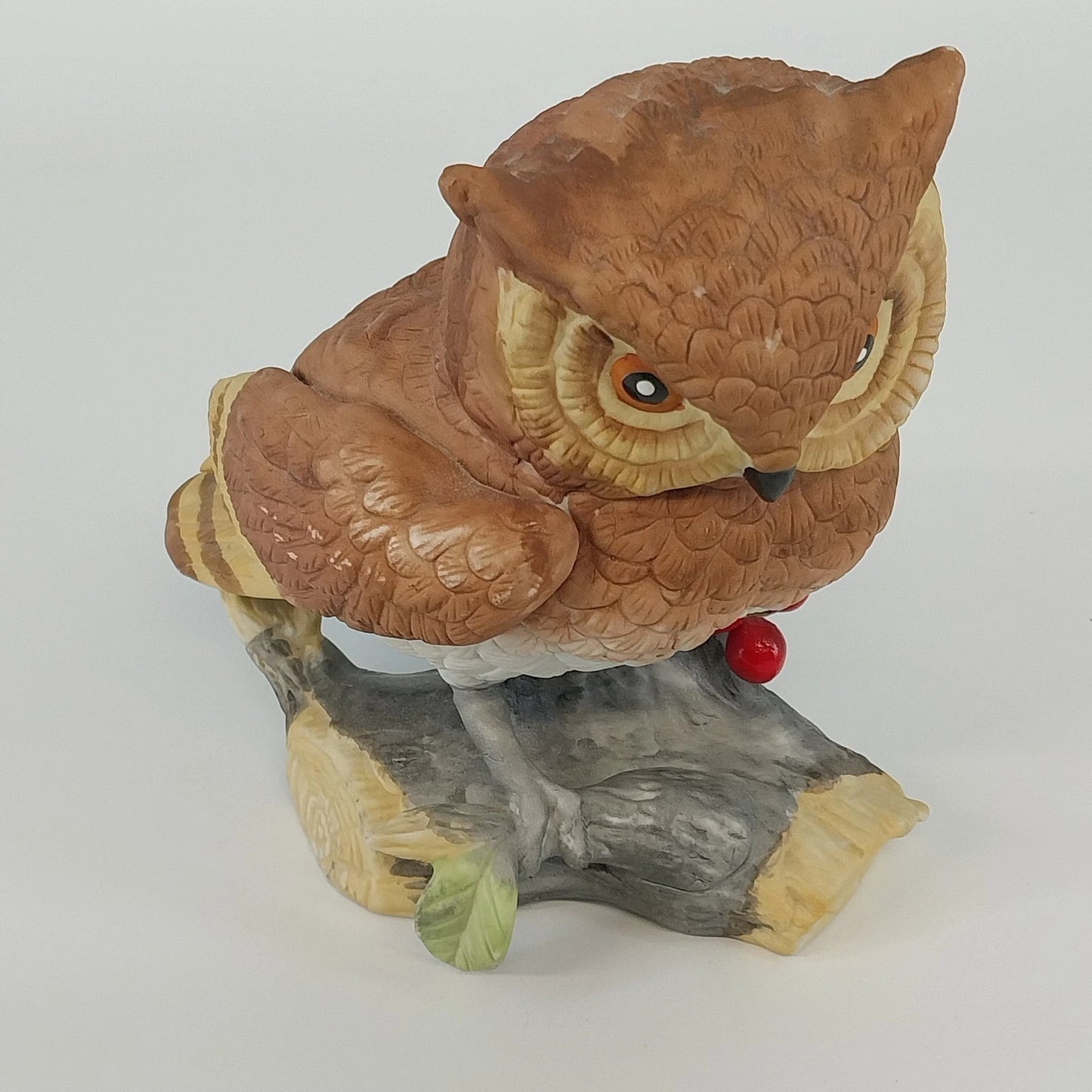 Horned Owl Porcelain Figurine on Log with Holly Red Berries Wildlife Decor 6.5"