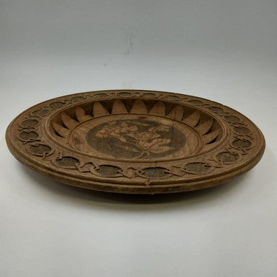 Natural Wood Round Plate Hand Carved Floral Wall Hanging Decor 11.75" Repaired