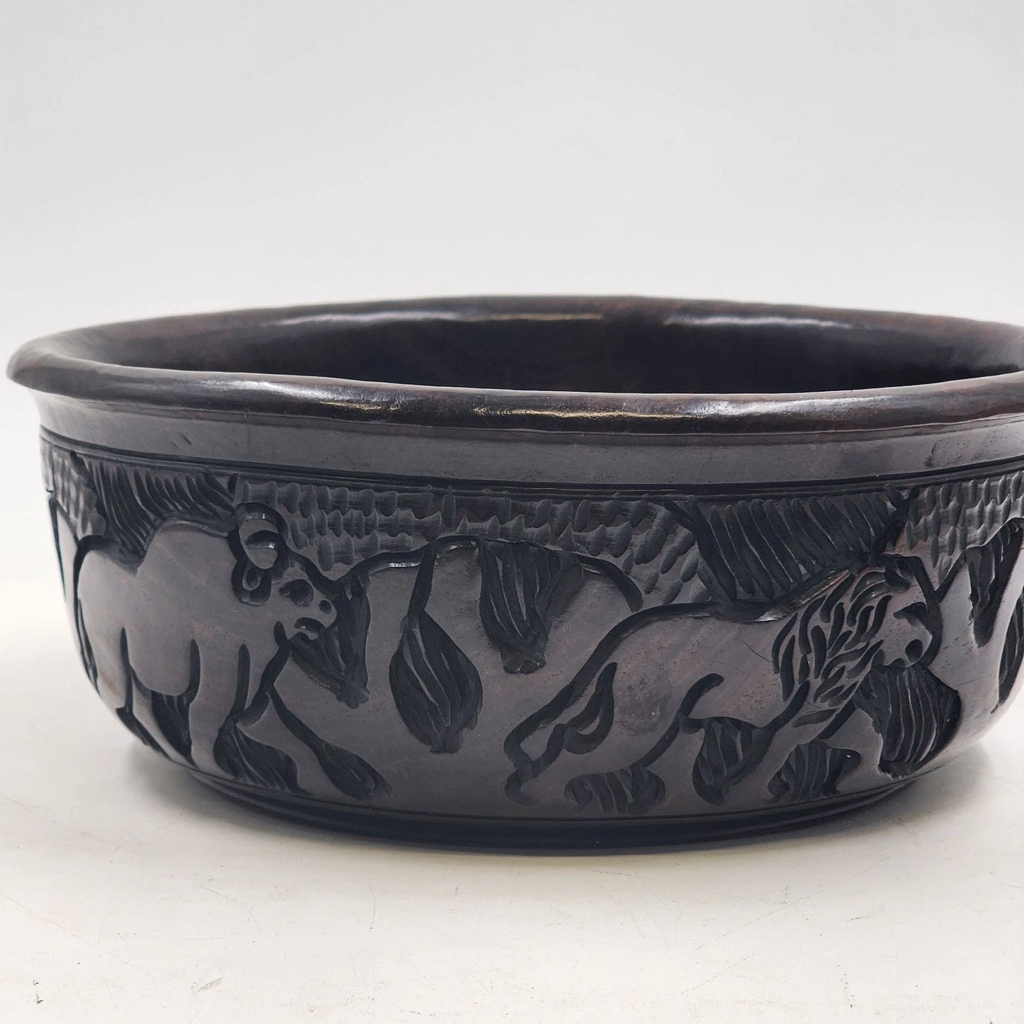 Hand-Carved Wood Bowl Kingdom Swaziland Eswatini Africa Intricate Animal Carving