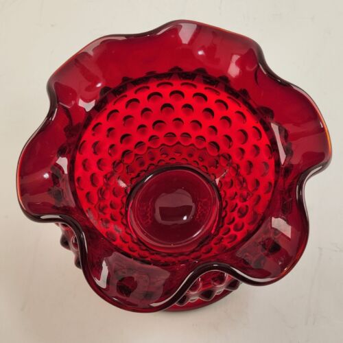 Fenton Old Virginia Glass Bowl Ruby Red Hobnail Footed Ruffled Edge Vintage 6"